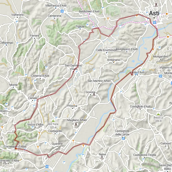 Miniature de la carte de l'inspiration cycliste "Parcours gravel d'Asti" dans la Piemonte, Italy. Générée par le planificateur d'itinéraire cycliste Tarmacs.app