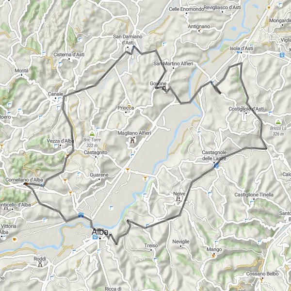 Map miniature of "Loop around Corneliano d'Alba with Panoramic Views of Roero" cycling inspiration in Piemonte, Italy. Generated by Tarmacs.app cycling route planner