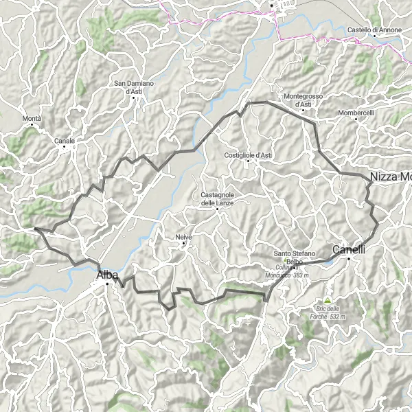 Kartminiatyr av "Bric Torre och Canelli Cykeltur" cykelinspiration i Piemonte, Italy. Genererad av Tarmacs.app cykelruttplanerare