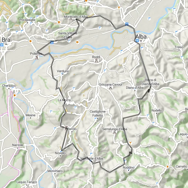 Miniaturní mapa "Jízda kolem obce Corneliano d'Alba" inspirace pro cyklisty v oblasti Piemonte, Italy. Vytvořeno pomocí plánovače tras Tarmacs.app