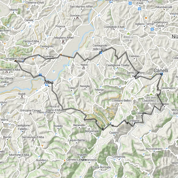 Miniaturní mapa "Cesta kolem Corneliano d'Alba" inspirace pro cyklisty v oblasti Piemonte, Italy. Vytvořeno pomocí plánovače tras Tarmacs.app