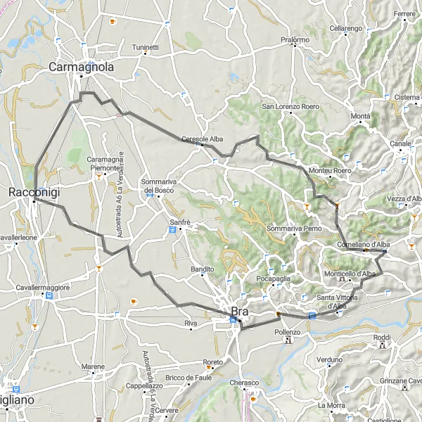 Miniature de la carte de l'inspiration cycliste "Découverte de Bra et Racconigi" dans la Piemonte, Italy. Générée par le planificateur d'itinéraire cycliste Tarmacs.app