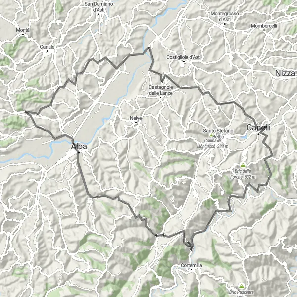 Miniatura della mappa di ispirazione al ciclismo "Giro Panoramico del Monferrato" nella regione di Piemonte, Italy. Generata da Tarmacs.app, pianificatore di rotte ciclistiche