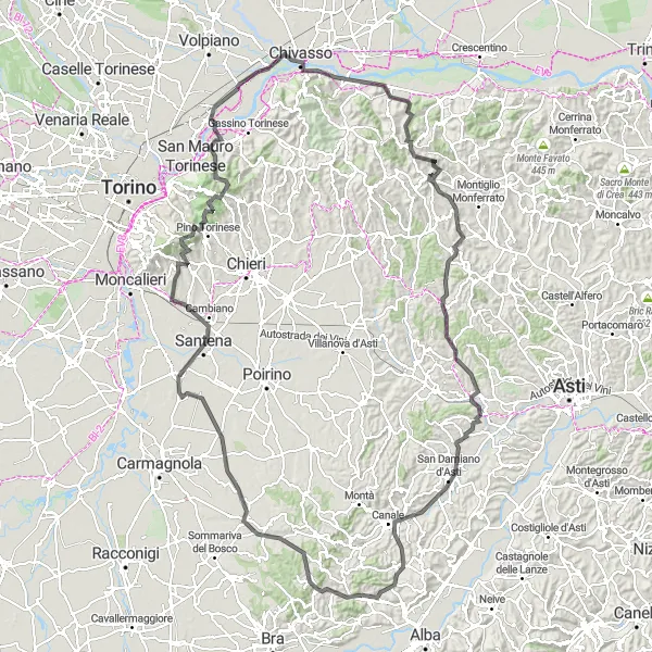 Miniatura della mappa di ispirazione al ciclismo "Il Giro dell'Asti Astigiano" nella regione di Piemonte, Italy. Generata da Tarmacs.app, pianificatore di rotte ciclistiche