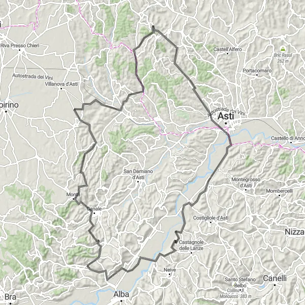 Miniature de la carte de l'inspiration cycliste "Les collines de piémont" dans la Piemonte, Italy. Générée par le planificateur d'itinéraire cycliste Tarmacs.app