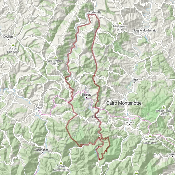 Miniaturní mapa "Gravelová cesta kolem Cortemilie" inspirace pro cyklisty v oblasti Piemonte, Italy. Vytvořeno pomocí plánovače tras Tarmacs.app