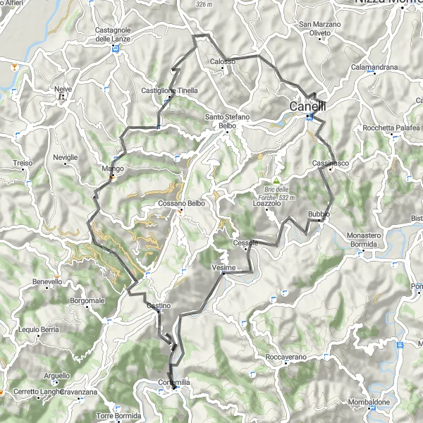 Miniaturní mapa "Cyklovýlet kolem Valdivilla a Vesime" inspirace pro cyklisty v oblasti Piemonte, Italy. Vytvořeno pomocí plánovače tras Tarmacs.app