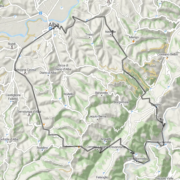 Miniatuurkaart van de fietsinspiratie "Rit door Valle Talloria en Neviglie" in Piemonte, Italy. Gemaakt door de Tarmacs.app fietsrouteplanner
