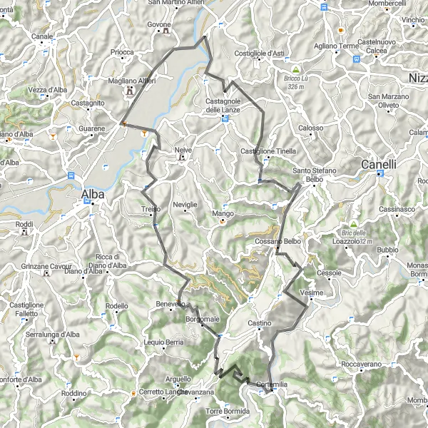 Miniatura della mappa di ispirazione al ciclismo "Giro in bicicletta da Cortemilia" nella regione di Piemonte, Italy. Generata da Tarmacs.app, pianificatore di rotte ciclistiche