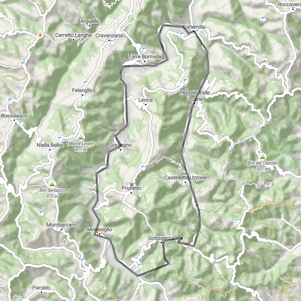 Miniature de la carte de l'inspiration cycliste "Boucle pittoresque de Cortemilia à Monesiglio" dans la Piemonte, Italy. Générée par le planificateur d'itinéraire cycliste Tarmacs.app