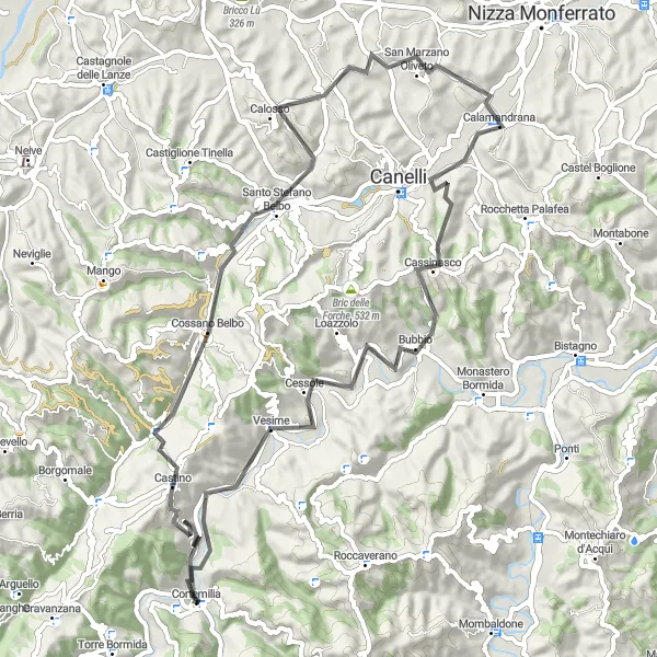 Zemljevid v pomanjšavi "Kolesarska pot okrog Cortemilie - Collina di Moncucco - Vesime" kolesarske inspiracije v Piemonte, Italy. Generirano z načrtovalcem kolesarskih poti Tarmacs.app