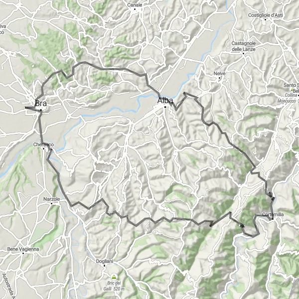 Zemljevid v pomanjšavi "Cortemilia - Torre di Castel Martino (razširjena pot)" kolesarske inspiracije v Piemonte, Italy. Generirano z načrtovalcem kolesarskih poti Tarmacs.app
