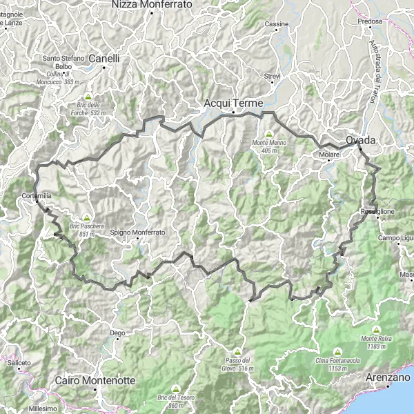 Miniaturní mapa "Jízda na kole kolem Cortemilia" inspirace pro cyklisty v oblasti Piemonte, Italy. Vytvořeno pomocí plánovače tras Tarmacs.app