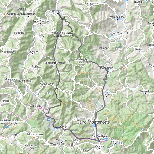 Miniaturní mapa "Cyklistická trasa kolem Cortemilie" inspirace pro cyklisty v oblasti Piemonte, Italy. Vytvořeno pomocí plánovače tras Tarmacs.app