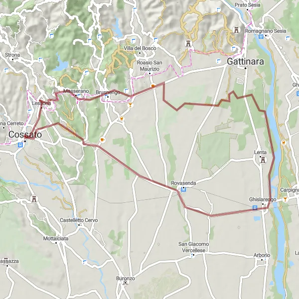 Miniatura della mappa di ispirazione al ciclismo "Gravel tra Lessona e Castello di Rovasenda" nella regione di Piemonte, Italy. Generata da Tarmacs.app, pianificatore di rotte ciclistiche