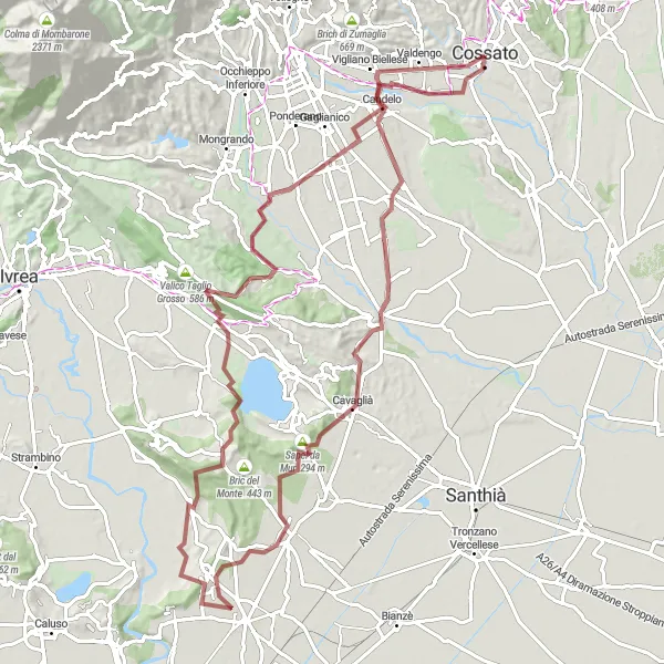 Miniatura della mappa di ispirazione al ciclismo "Avventura in gravel da Cossato a Candelo" nella regione di Piemonte, Italy. Generata da Tarmacs.app, pianificatore di rotte ciclistiche