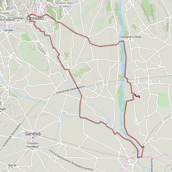 Miniatua del mapa de inspiración ciclista "Ruta Gravel a través de Cossato y alrededores" en Piemonte, Italy. Generado por Tarmacs.app planificador de rutas ciclistas