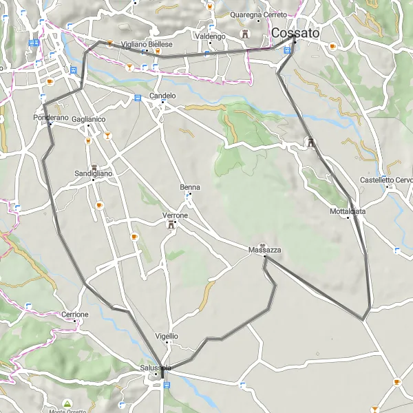 Miniatura della mappa di ispirazione al ciclismo "Giro in bici da Cossato a Mottalciata e Valdengo" nella regione di Piemonte, Italy. Generata da Tarmacs.app, pianificatore di rotte ciclistiche