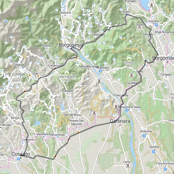 Miniatura della mappa di ispirazione al ciclismo "Giro in bicicletta da Cossato a Borgosesia" nella regione di Piemonte, Italy. Generata da Tarmacs.app, pianificatore di rotte ciclistiche