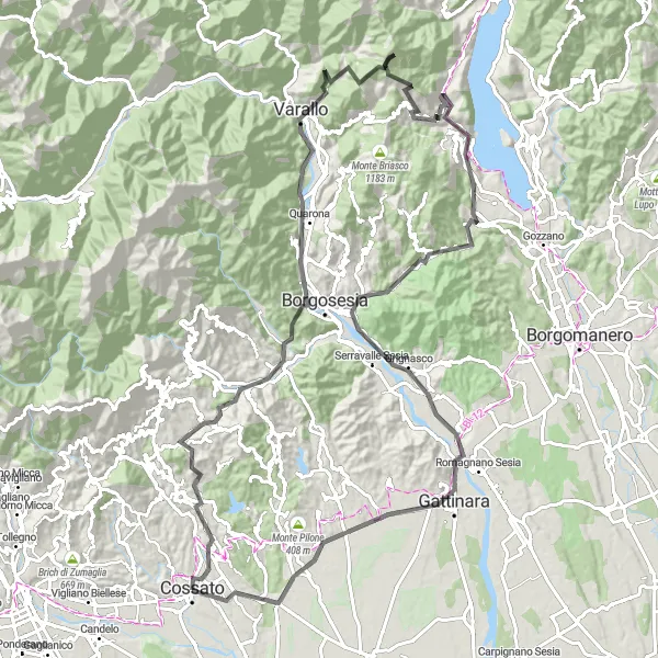 Zemljevid v pomanjšavi "Road Cycling Challenge near Cossato" kolesarske inspiracije v Piemonte, Italy. Generirano z načrtovalcem kolesarskih poti Tarmacs.app
