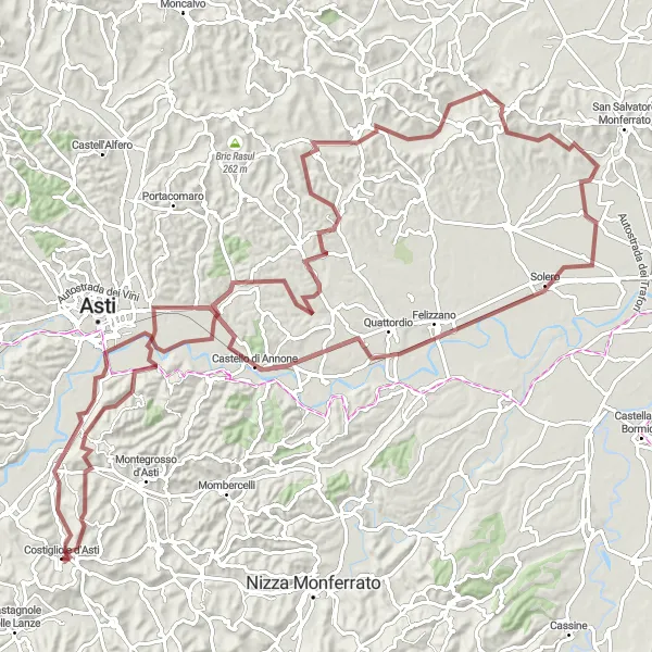 Miniature de la carte de l'inspiration cycliste "Boucle des châteaux de la région de Costigliole d'Asti" dans la Piemonte, Italy. Générée par le planificateur d'itinéraire cycliste Tarmacs.app