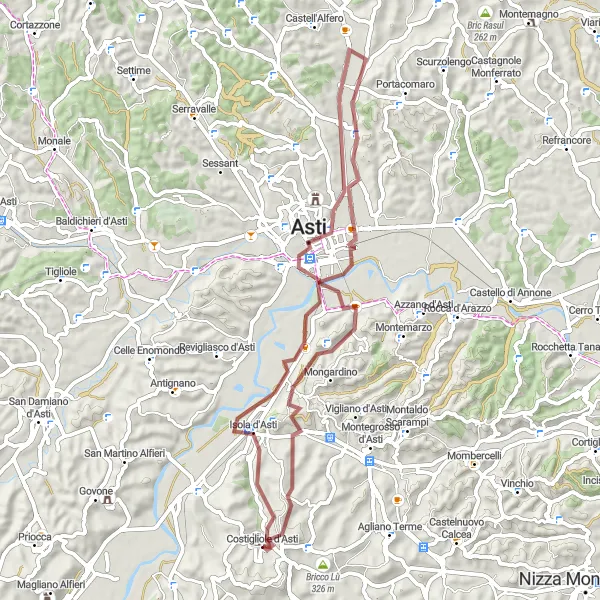 Miniaturní mapa "Gravelová cyklotrasa okolím Costigliole d'Asti" inspirace pro cyklisty v oblasti Piemonte, Italy. Vytvořeno pomocí plánovače tras Tarmacs.app