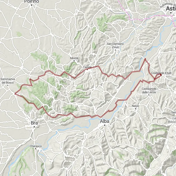 Mapa miniatúra "Roero Roundabout" cyklistická inšpirácia v Piemonte, Italy. Vygenerované cyklistickým plánovačom trás Tarmacs.app