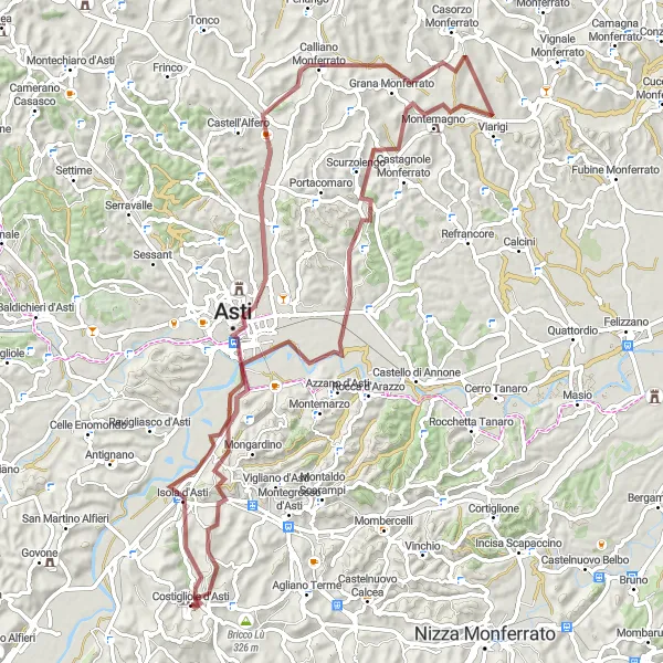 Miniature de la carte de l'inspiration cycliste "Les trésors cachés du Monferrato en gravier" dans la Piemonte, Italy. Générée par le planificateur d'itinéraire cycliste Tarmacs.app