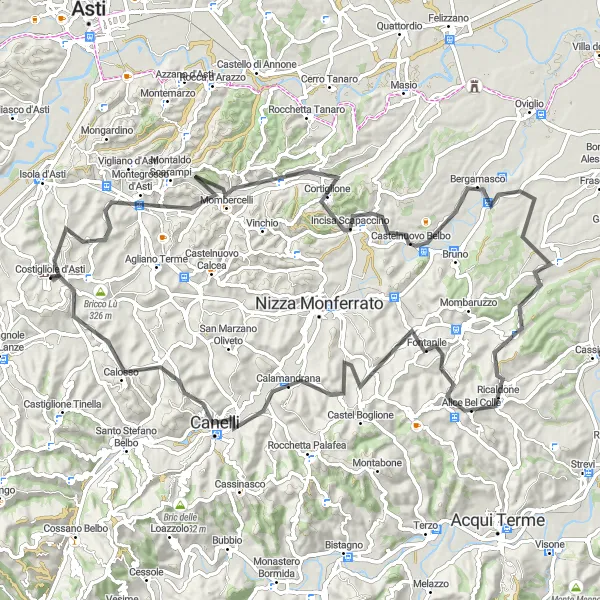 Mapa miniatúra "Cyklistický okruh cez Cortiglione a Calosso" cyklistická inšpirácia v Piemonte, Italy. Vygenerované cyklistickým plánovačom trás Tarmacs.app