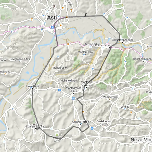 Miniatura della mappa di ispirazione al ciclismo "Tour delle Colline Astigiane" nella regione di Piemonte, Italy. Generata da Tarmacs.app, pianificatore di rotte ciclistiche