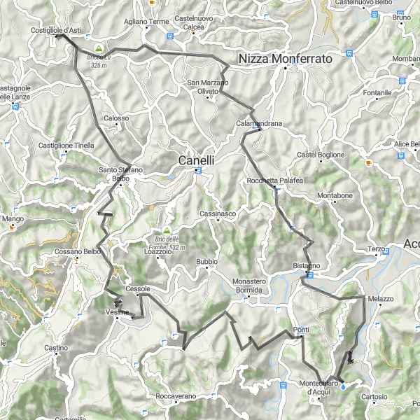 Kartminiatyr av "Sjarmen til Calosso og Vesime" sykkelinspirasjon i Piemonte, Italy. Generert av Tarmacs.app sykkelrutoplanlegger