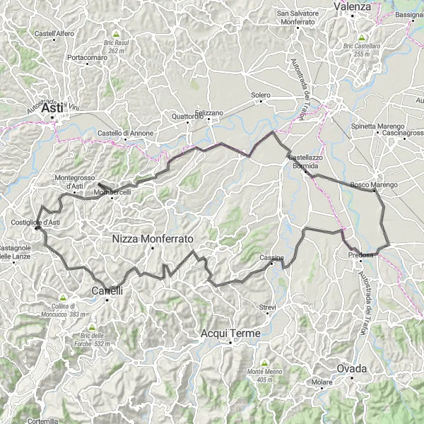 Miniature de la carte de l'inspiration cycliste "Route des collines de Costigliole d'Asti" dans la Piemonte, Italy. Générée par le planificateur d'itinéraire cycliste Tarmacs.app