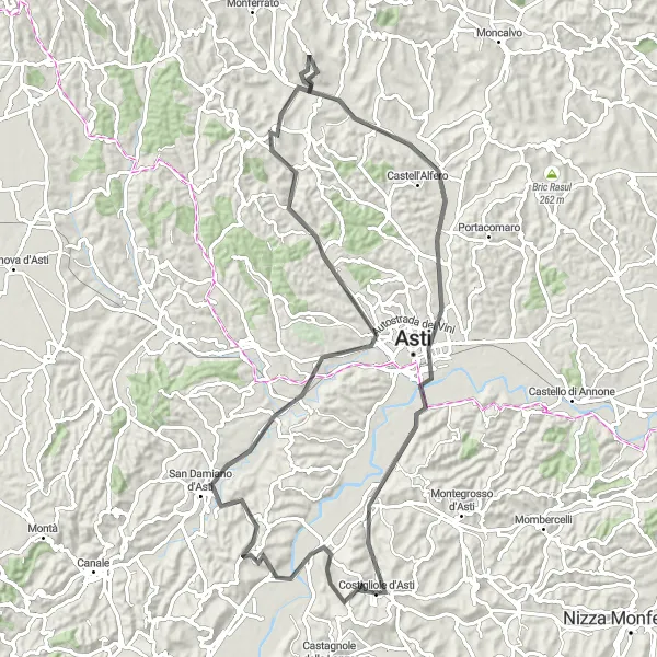 Karttaminiaatyyri "Viiniviljelmien ja kylien reitti" pyöräilyinspiraatiosta alueella Piemonte, Italy. Luotu Tarmacs.app pyöräilyreittisuunnittelijalla