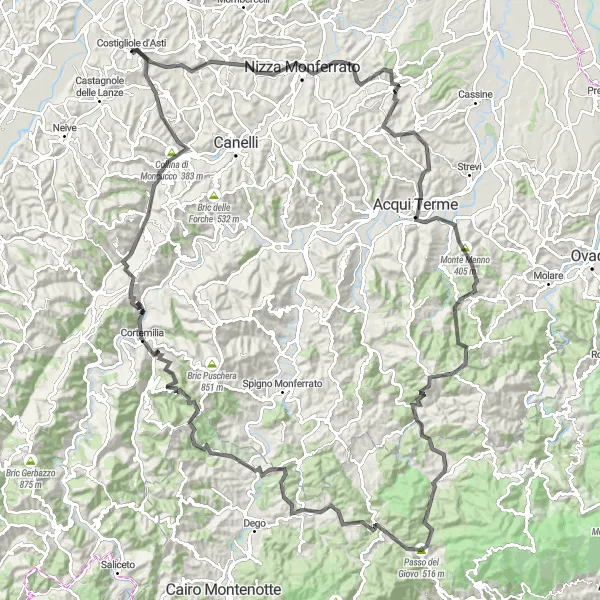 Map miniature of "From Costigliole d'Asti to the Hills of Monferrato" cycling inspiration in Piemonte, Italy. Generated by Tarmacs.app cycling route planner