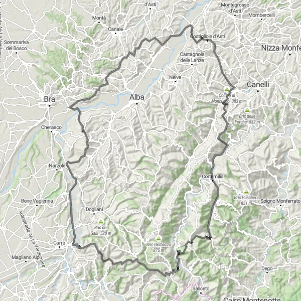 Miniatua del mapa de inspiración ciclista "Ruta de ciclismo de carretera por Colinas de Asti" en Piemonte, Italy. Generado por Tarmacs.app planificador de rutas ciclistas