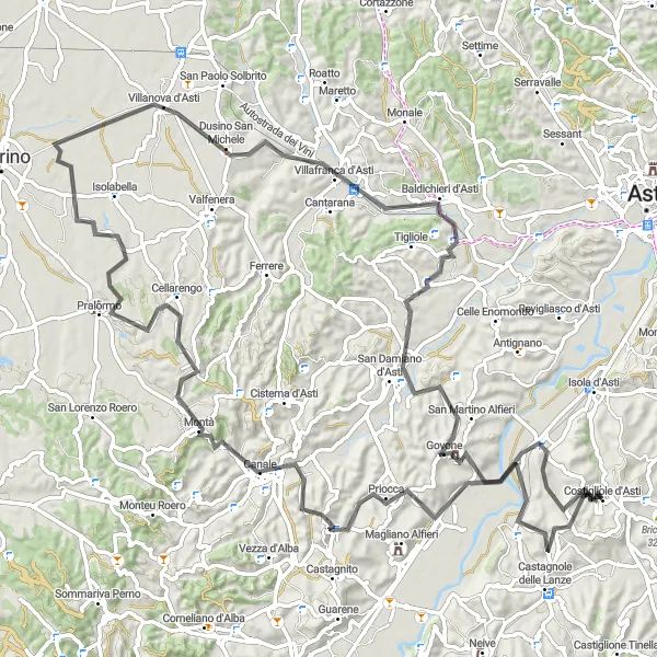 Miniaturekort af cykelinspirationen "Landevejs cykeltur nær Costigliole d'Asti" i Piemonte, Italy. Genereret af Tarmacs.app cykelruteplanlægger