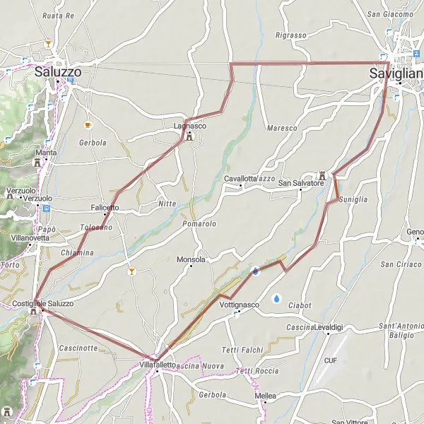 Map miniature of "Gravel Cycling Adventure near Costigliole Saluzzo" cycling inspiration in Piemonte, Italy. Generated by Tarmacs.app cycling route planner