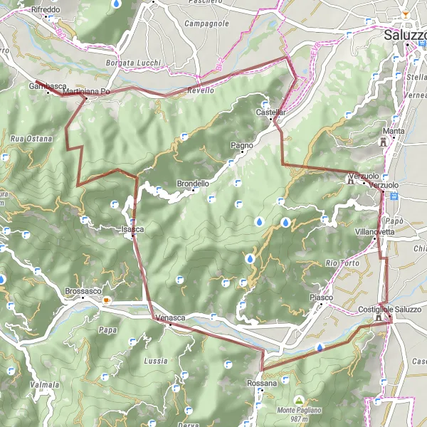 Mapa miniatúra "Náročný gravelový okruh z Costigliole Saluzzo" cyklistická inšpirácia v Piemonte, Italy. Vygenerované cyklistickým plánovačom trás Tarmacs.app