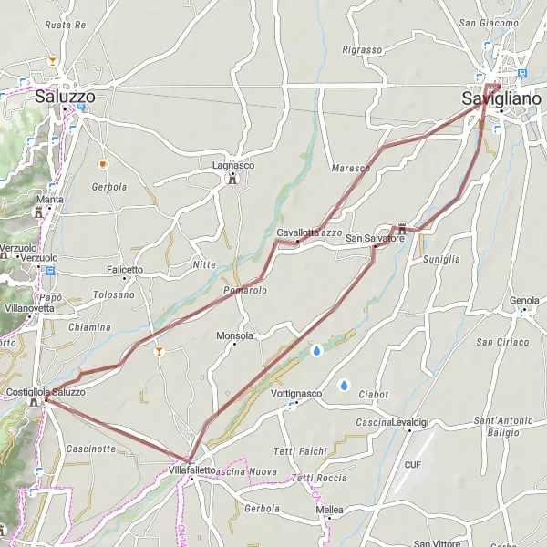 Karttaminiaatyyri "Villafalletton lenkki" pyöräilyinspiraatiosta alueella Piemonte, Italy. Luotu Tarmacs.app pyöräilyreittisuunnittelijalla
