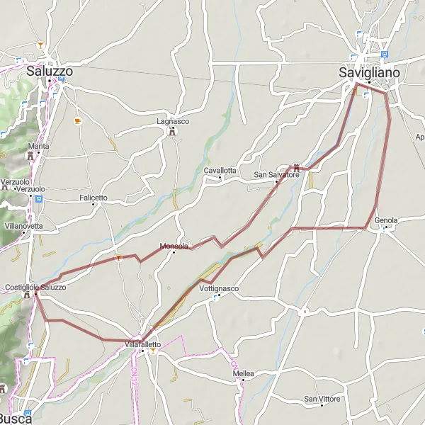 Map miniature of "Gravel Loop around Costigliole Saluzzo" cycling inspiration in Piemonte, Italy. Generated by Tarmacs.app cycling route planner