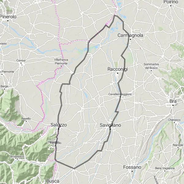 Map miniature of "Scenic Road Challenge - Costigliole Saluzzo to Savigliano" cycling inspiration in Piemonte, Italy. Generated by Tarmacs.app cycling route planner