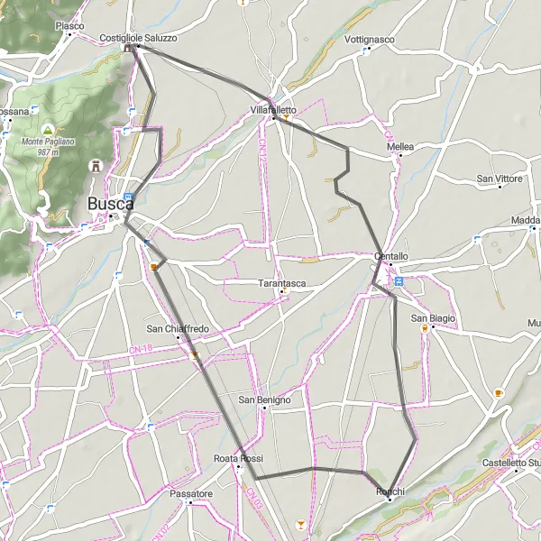 Map miniature of "Road Excursion - Costigliole Saluzzo to Roata Chiusani" cycling inspiration in Piemonte, Italy. Generated by Tarmacs.app cycling route planner