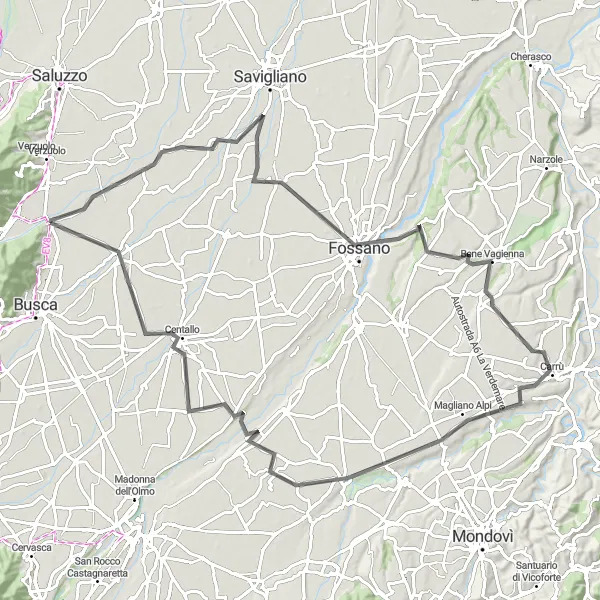 Miniatua del mapa de inspiración ciclista "Ruta de 98km en carretera desde Costigliole Saluzzo" en Piemonte, Italy. Generado por Tarmacs.app planificador de rutas ciclistas