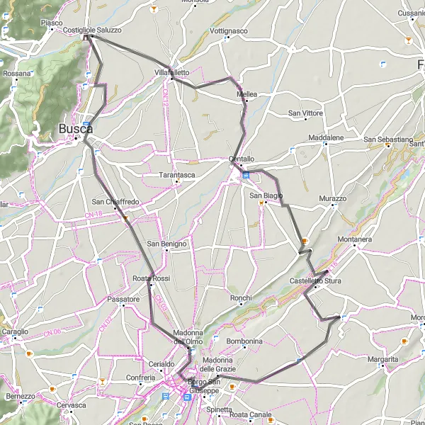 Mapa miniatúra "Okruh cez Castelletto Stura a Cuneo" cyklistická inšpirácia v Piemonte, Italy. Vygenerované cyklistickým plánovačom trás Tarmacs.app