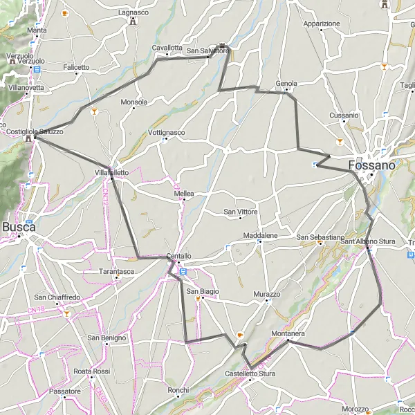 Mapa miniatúra "Výzva směrem k Montanera" cyklistická inšpirácia v Piemonte, Italy. Vygenerované cyklistickým plánovačom trás Tarmacs.app