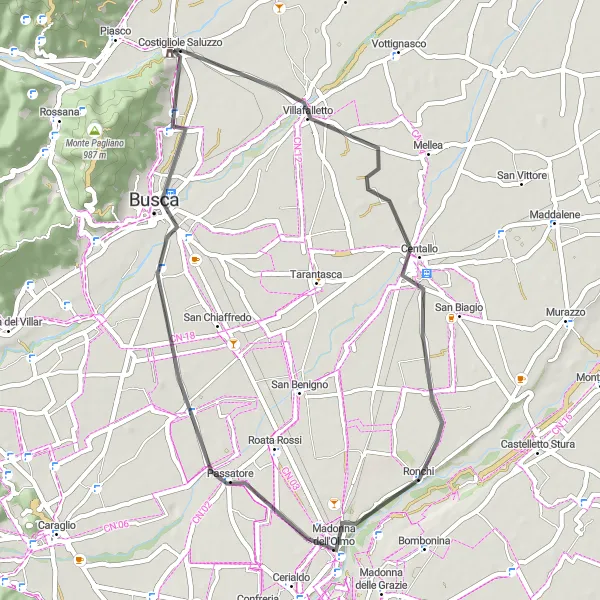 Miniatuurkaart van de fietsinspiratie "Korte roadroutes met diversiteit aan landschappen rondom Costigliole Saluzzo" in Piemonte, Italy. Gemaakt door de Tarmacs.app fietsrouteplanner