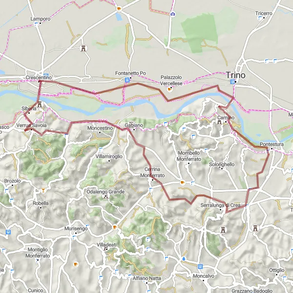 Miniatuurkaart van de fietsinspiratie "Route van Palazzolo Vercellese naar Verrua Savoia" in Piemonte, Italy. Gemaakt door de Tarmacs.app fietsrouteplanner