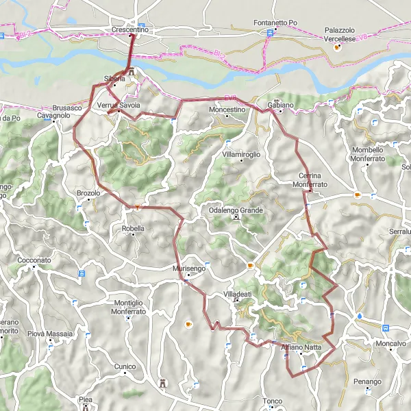 Kartminiatyr av "Gjennom skogkledde åser og pittoreske landsbyer" sykkelinspirasjon i Piemonte, Italy. Generert av Tarmacs.app sykkelrutoplanlegger