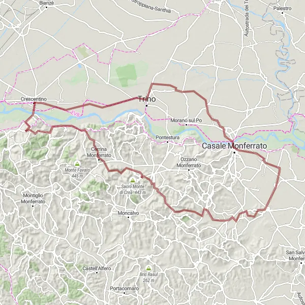 Mapa miniatúra "Gravel Adventure to Verrua Savoia" cyklistická inšpirácia v Piemonte, Italy. Vygenerované cyklistickým plánovačom trás Tarmacs.app