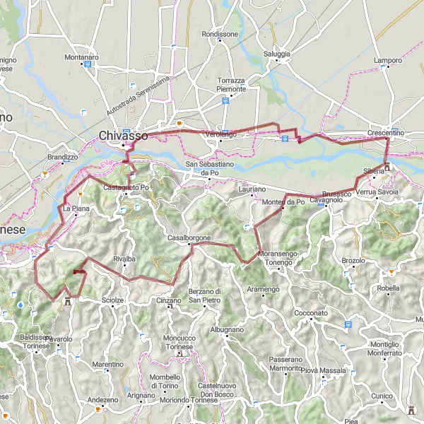 Zemljevid v pomanjšavi "Gravel pot od Crescentina do Chivassa" kolesarske inspiracije v Piemonte, Italy. Generirano z načrtovalcem kolesarskih poti Tarmacs.app